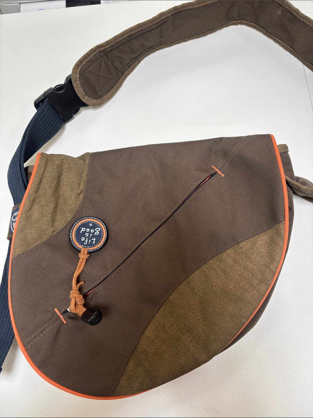 Life is Good Vintage Canvas Sling  Crossbody Messenger Bag with Orange Trim
